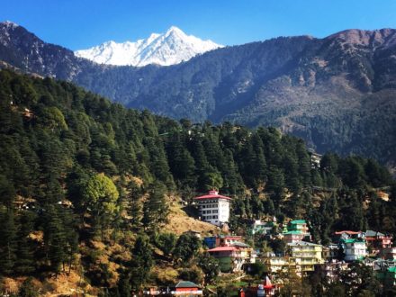 Snow-capped mountains loom over colourful houses and lush greenery in Dalhousie.