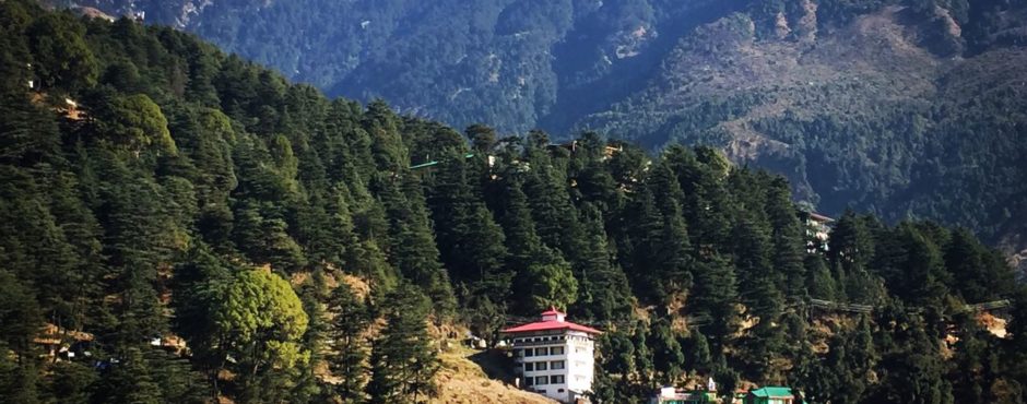 Snow-capped mountains loom over colourful houses and lush greenery in Dalhousie.